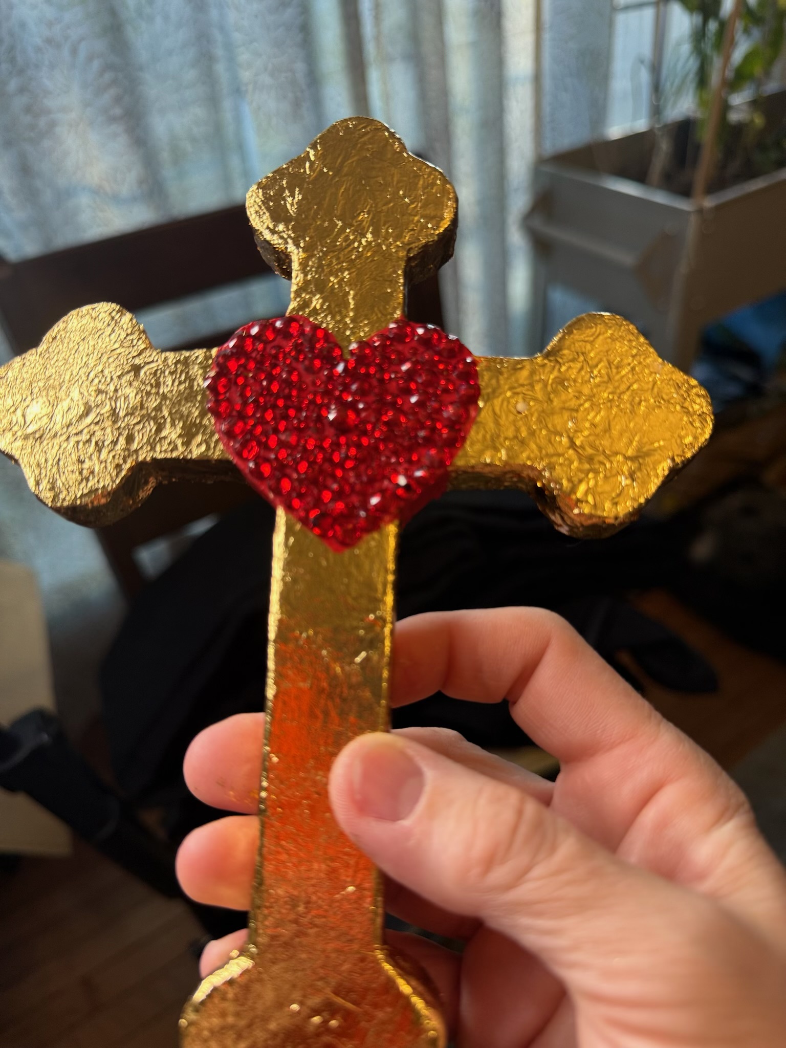 Gold leaf cross with red heart